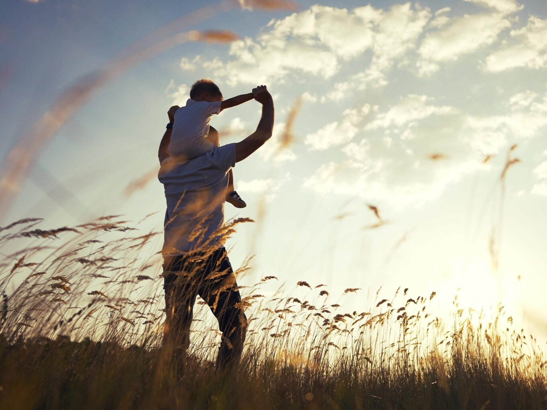 Un padre solleva un bambino in un campo di grano al tramonto