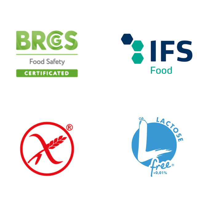 Logo di certificazione per la sicurezza alimentare: BRCGS, IFS Food, senza glutine e senza lattosio