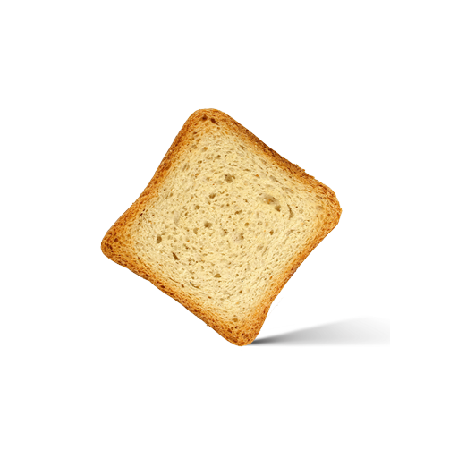 Fetta di pane tostato che ruota in modo dinamico su uno sfondo bianco