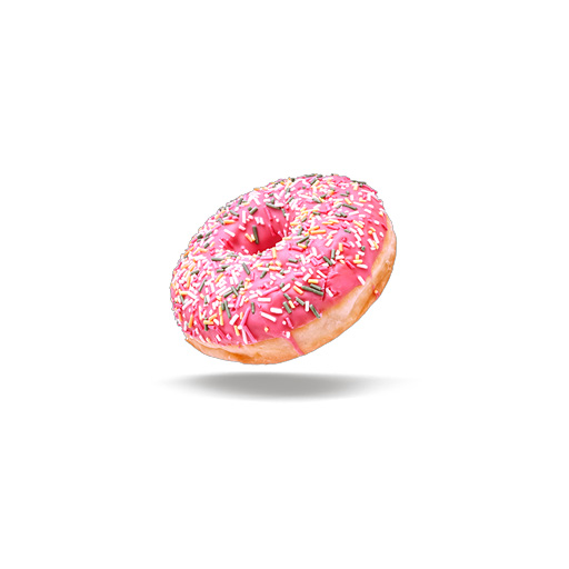 Ciambella rosa con glassa e sprinkles colorati su sfondo bianco