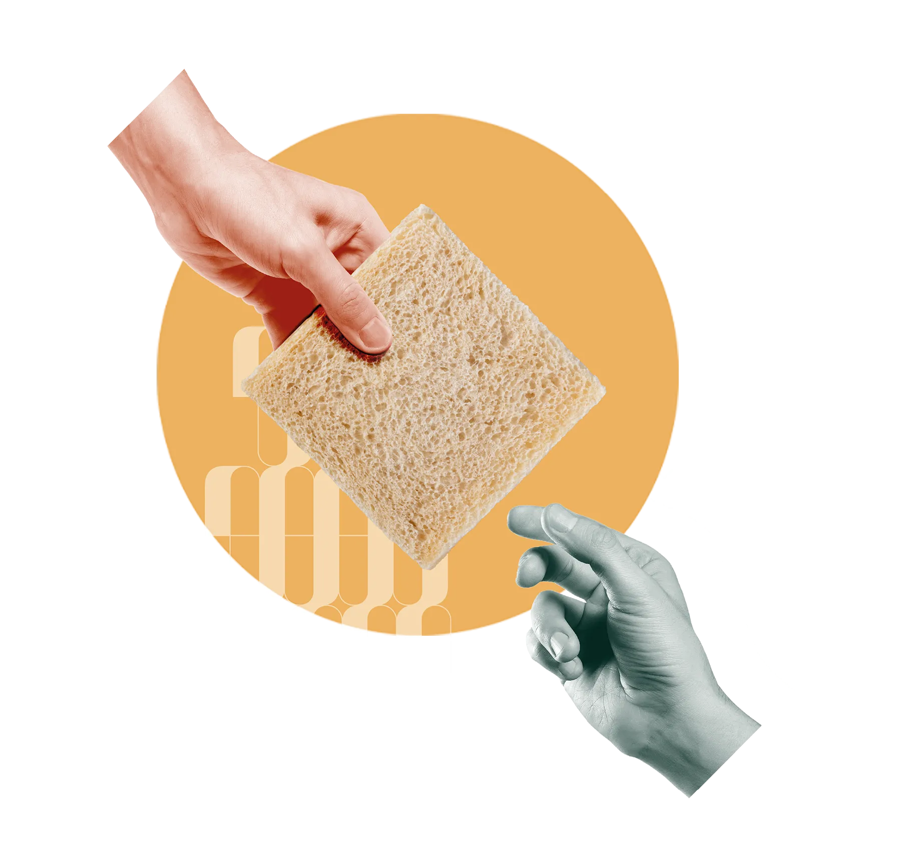 Due mani che si scambiano una fetta di pane su sfondo arancione