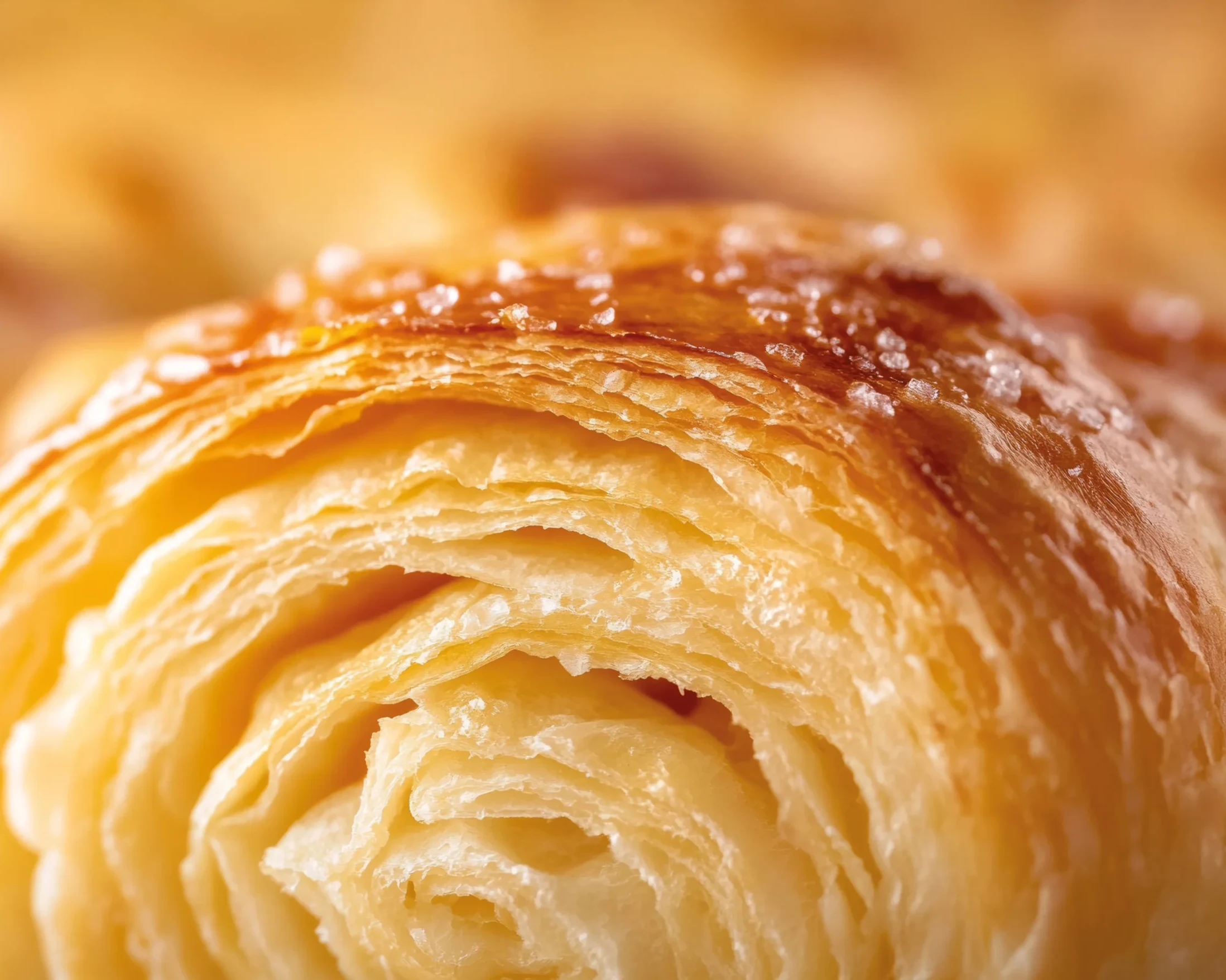Close-up di un cornetto fresco con strati di pasta sfoglia dorati