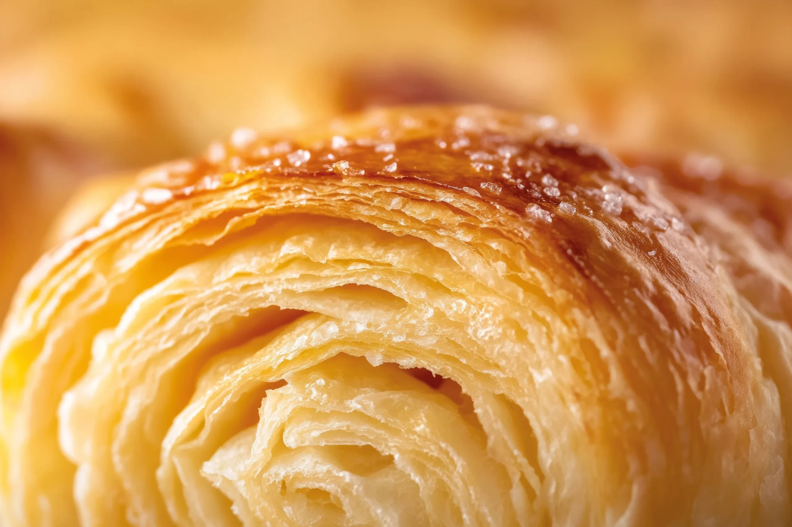 Close-up di un cornetto fresco con strati di pasta sfoglia dorati