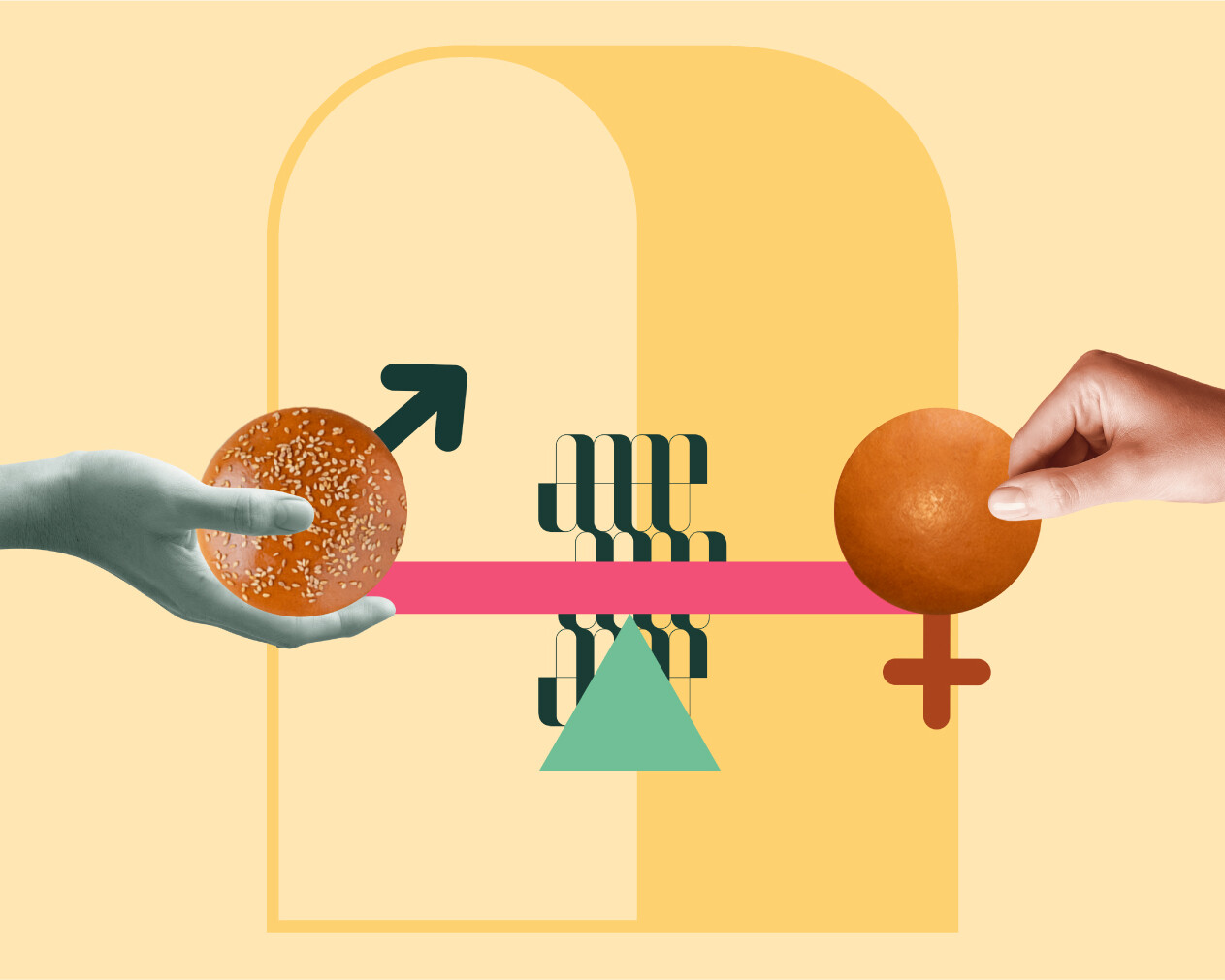 Illustrazione che rappresenta il genere con simboli maschili e femminili e elementi grafici astratti