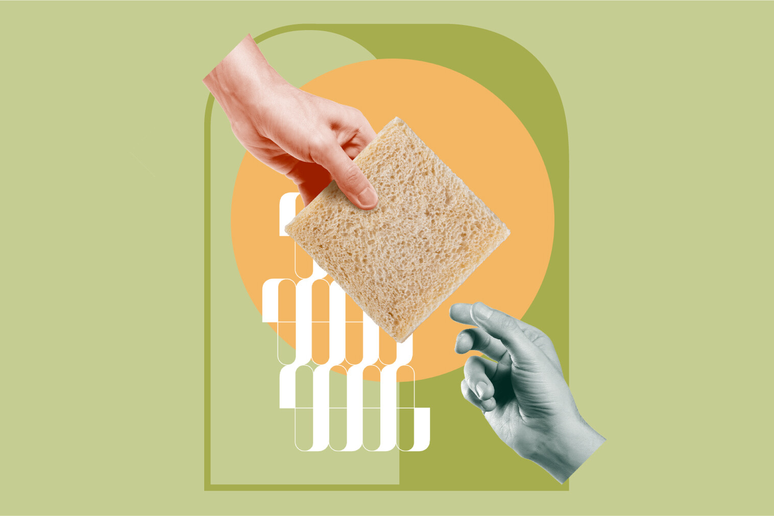 Due mani si scambiano una fetta di pane su uno sfondo astratto colorato