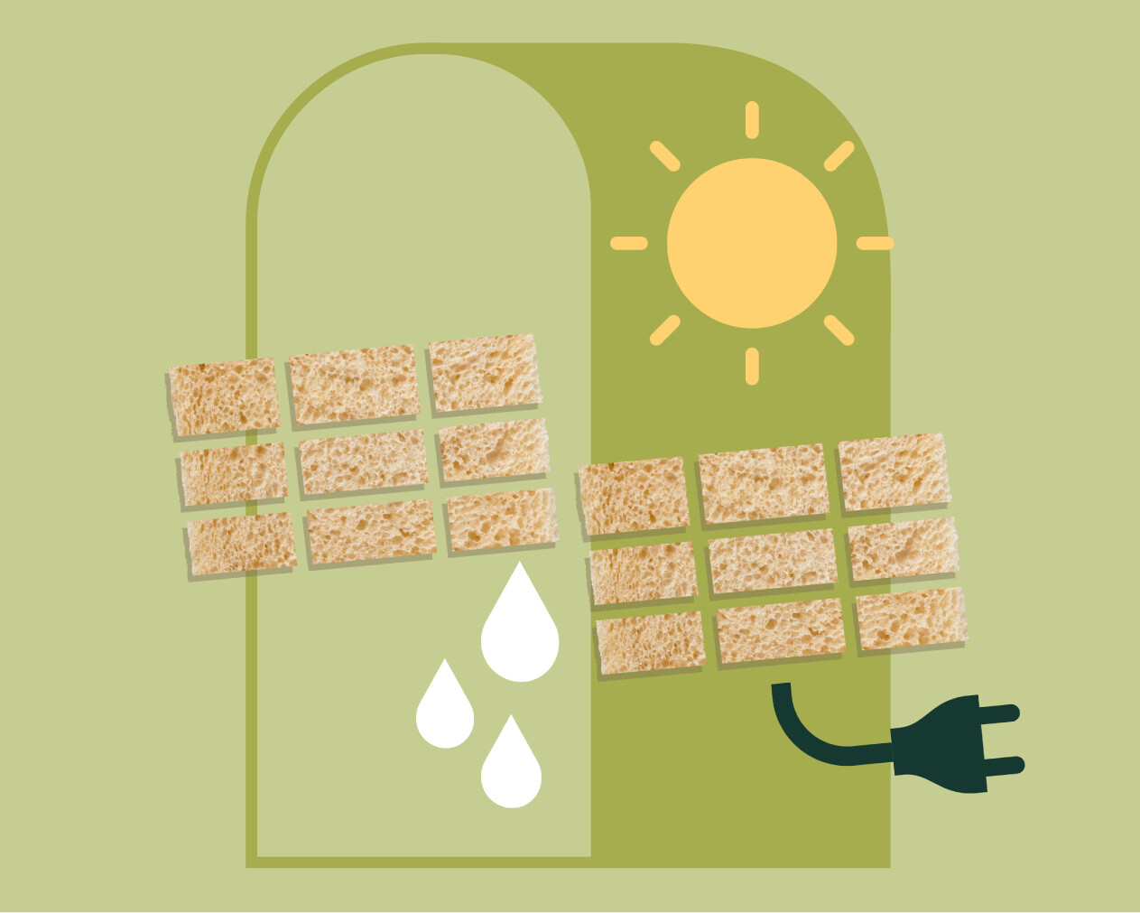 Illustrazione di un pannello solare con simboli di acqua e elettricità su sfondo verde