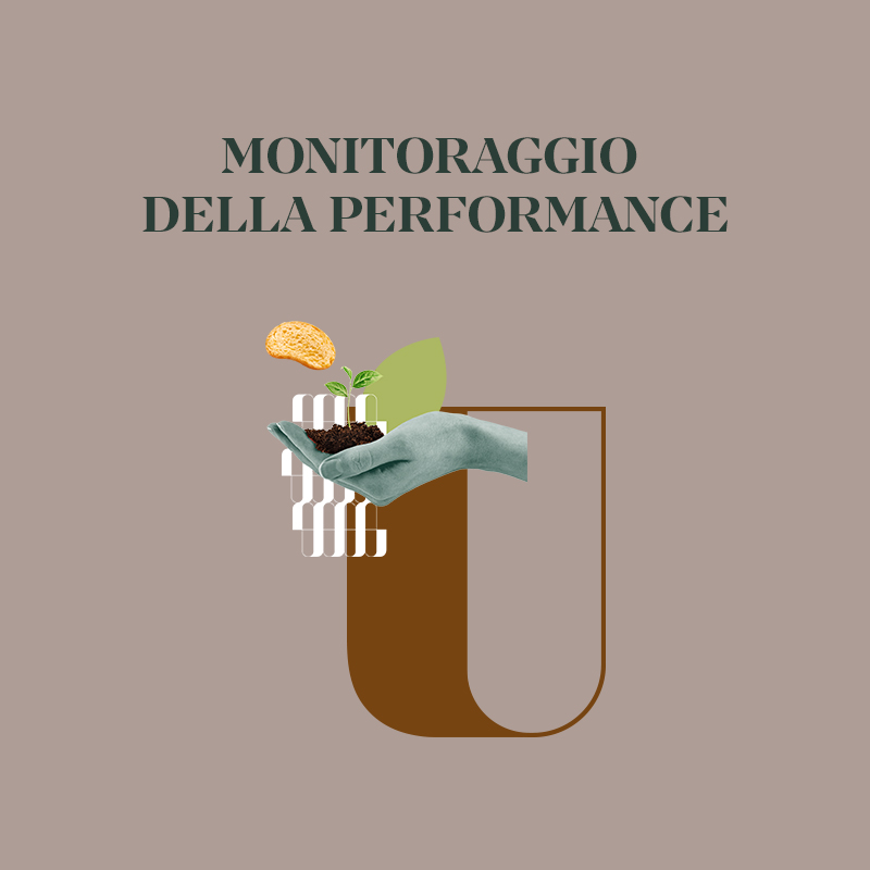 Icona di monitoraggio della performance con mano, pianta e contorni geometrici su sfondo marrone