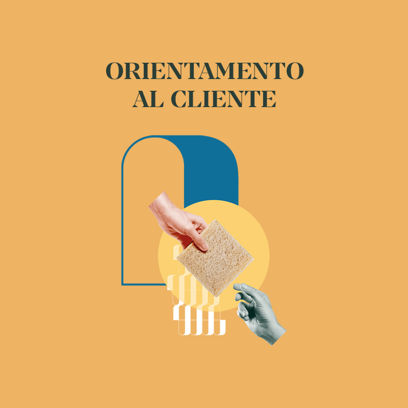 Immagine che rappresenta l'orientamento al cliente con mani che presentano materiali su uno sfondo colorato